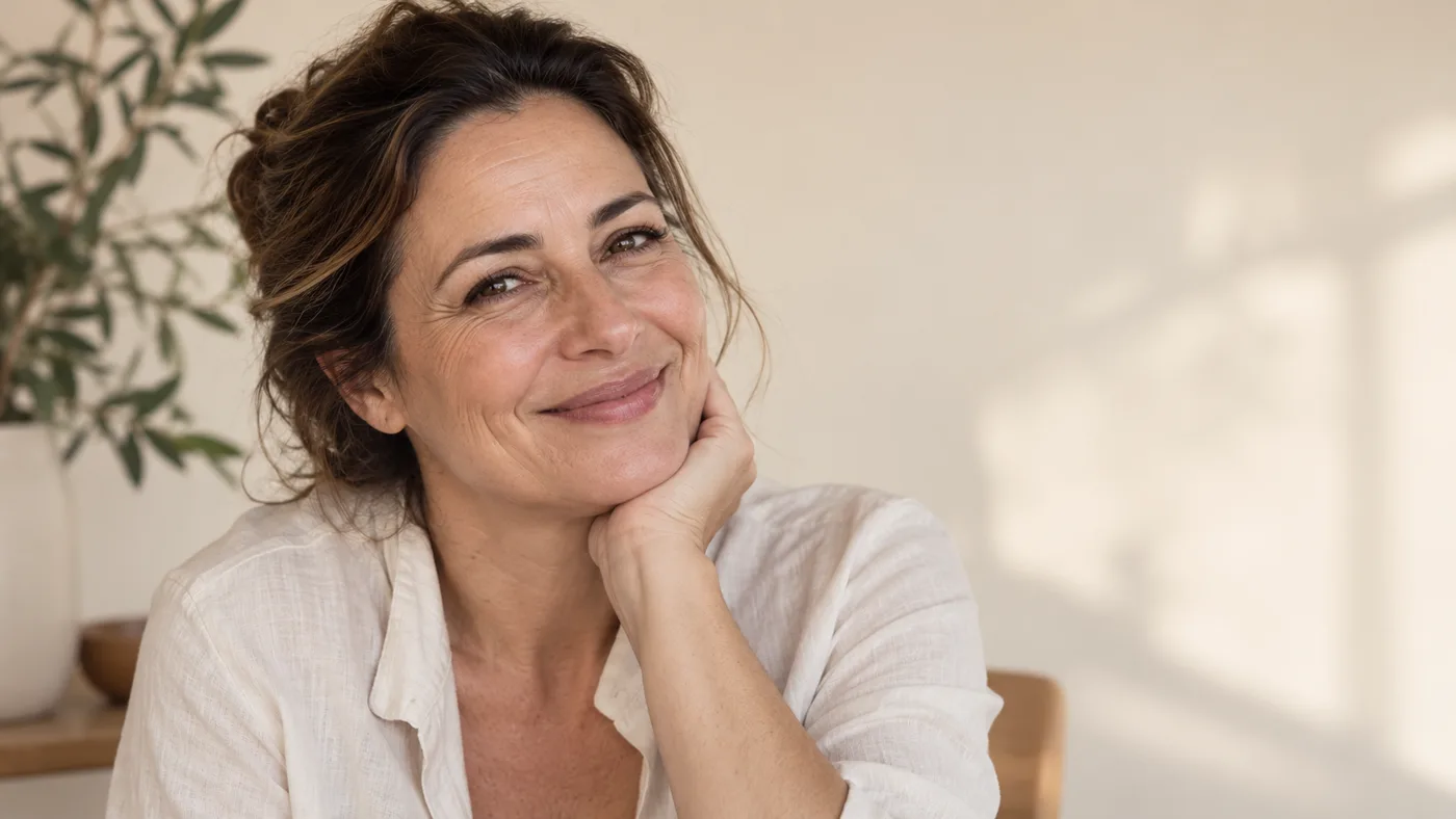 Imagem editorial de mulher adulta sorrindo, com linhas naturais de expressão.