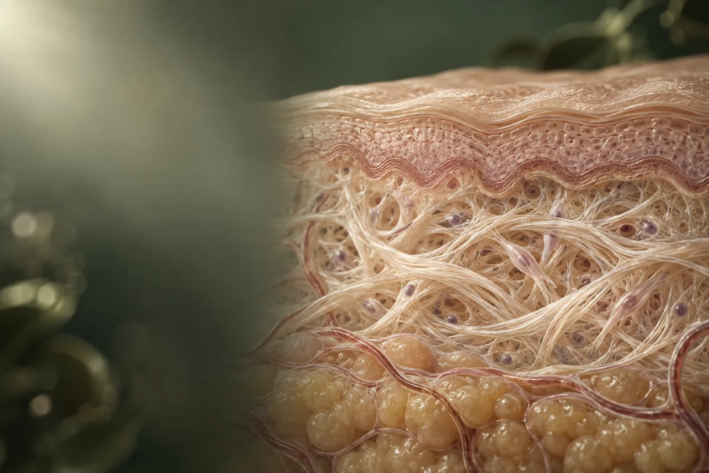 Ilustração conceitual das camadas da pele e de fibras de colágeno.